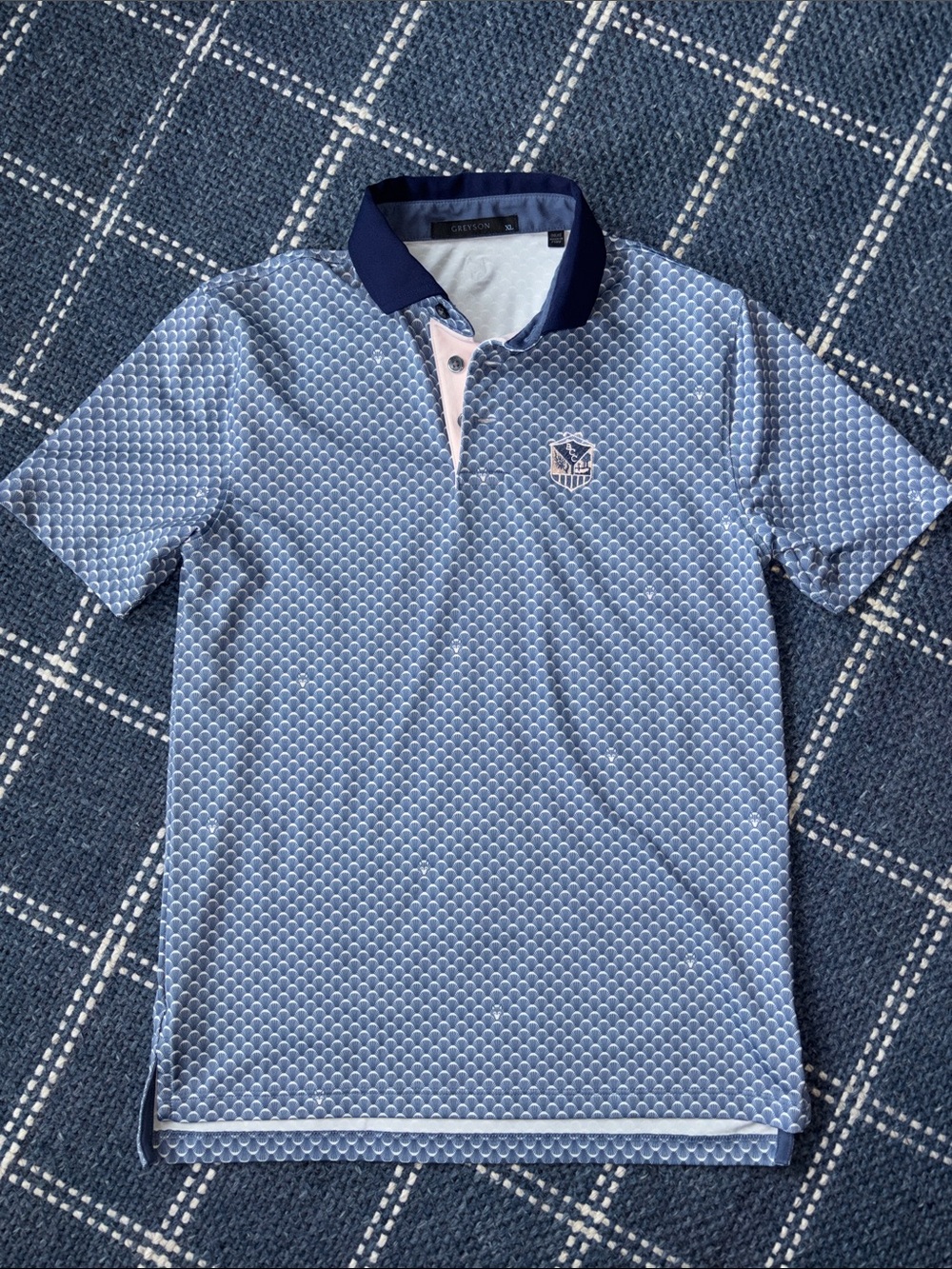 Greyson Boys Gray Blue Geometric Golf Polo with Navy Collar